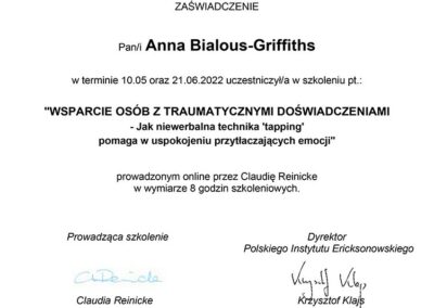 Wsparcie osób z traumatycznymi doświadczeniami - Zaświadczenie - Anna Bialous-Griffiths